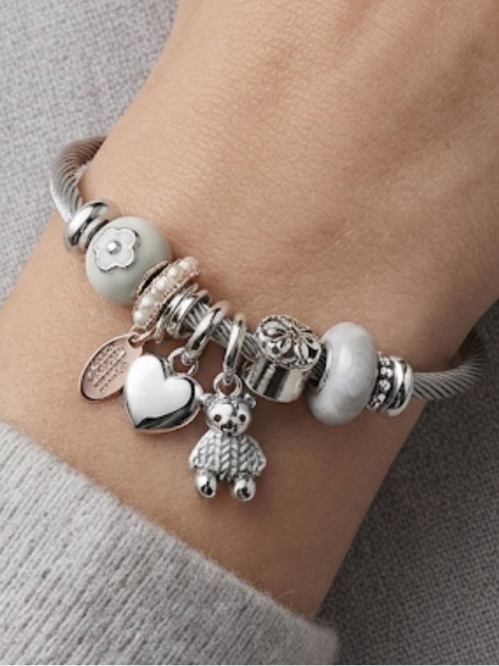 Silver Charm Bangle Bracelet with White Beads and Teddy Charm
